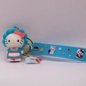 Adorable porte-clés Hello Kitty bleu et tablier, nœud rose en plastique