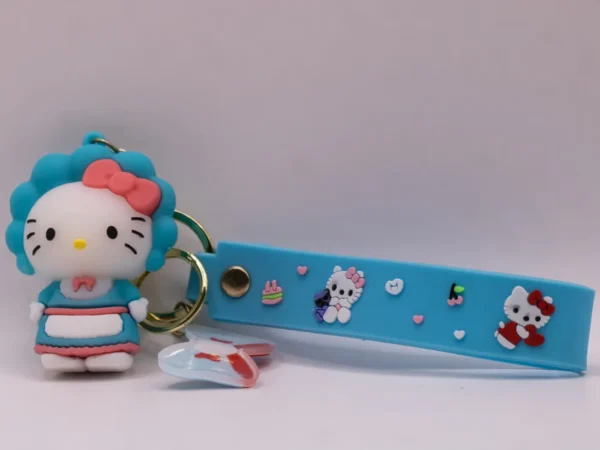 Adorable porte-clés Hello Kitty bleu et tablier, nœud rose en plastique