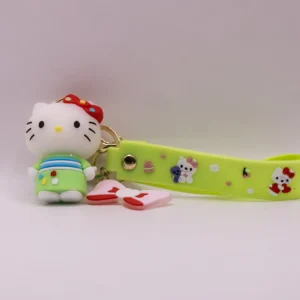 Adorable porte-clés Hello Kitty en kimono vert avec nœud rouge