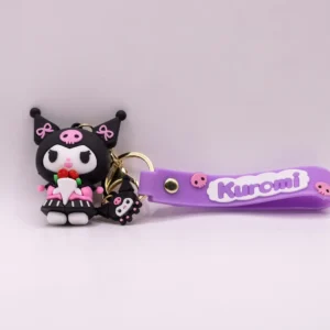 Adorable Porte-clés Kuromi avec Bouquet de Fleurs - Noir et Rose