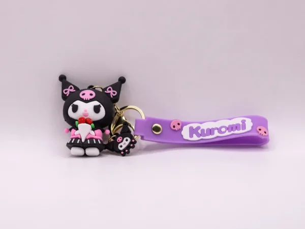 Adorable Porte-clés Kuromi avec Bouquet de Fleurs - Noir et Rose