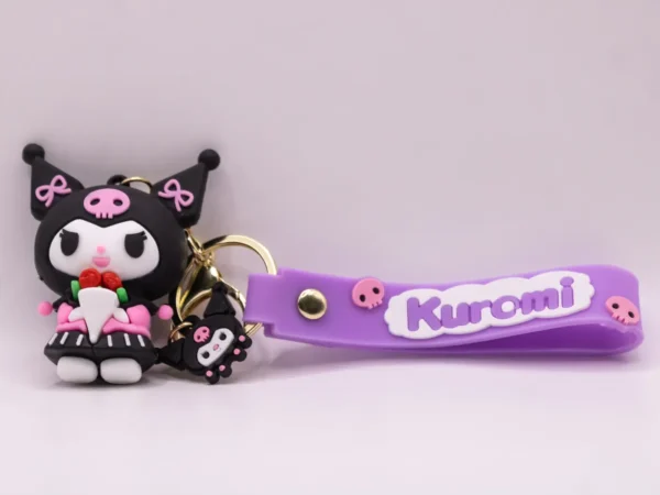 Adorable Porte-clés Kuromi avec Bouquet de Fleurs - Noir et Rose