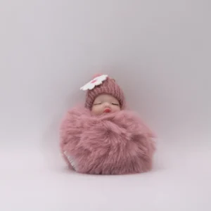 Adorable Porte-clés Poupon Fait Main, Laine & Fourrure Synthétique, Rose Pâle