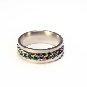 Bague Anti-Stress Tournante Argentée et Multicolore en Acier Inoxydable