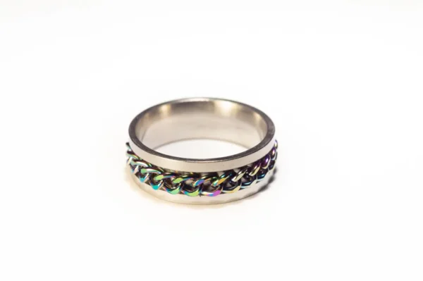 Bague Anti-Stress Tournante Argentée et Multicolore en Acier Inoxydable