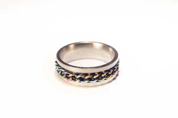 Bague Anti-Stress Tournante Argentée et Multicolore en Acier Inoxydable