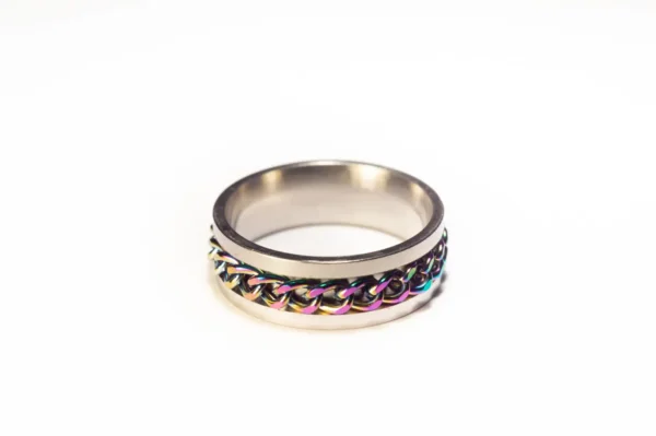 Bague Anti-Stress Tournante Argentée et Multicolore en Acier Inoxydable