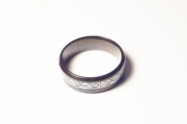 Bague Noire Symboles Argentés Acier Inoxydable Style Gothique