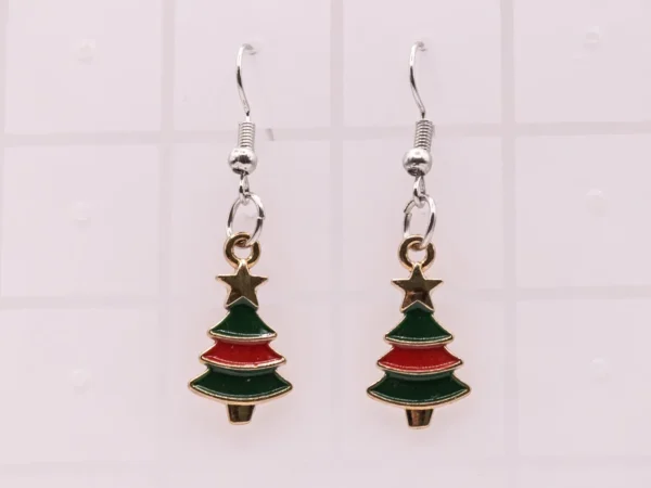 Boucles d'oreilles Sapin de Noël vert, rouge et or avec étoile