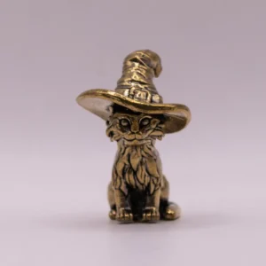 Chat en Laiton avec Chapeau : Figurine Décorative Dorée
