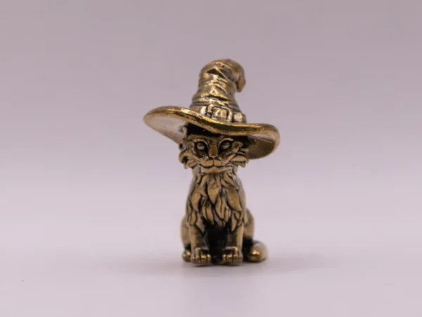 Chat en Laiton avec Chapeau : Figurine Décorative Dorée