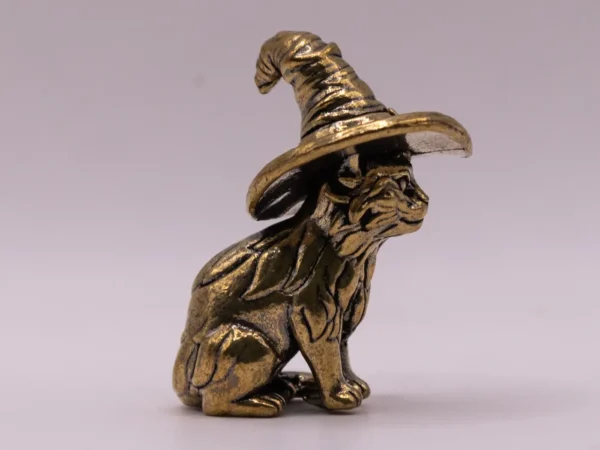 Chat en Laiton avec Chapeau : Figurine Décorative Dorée