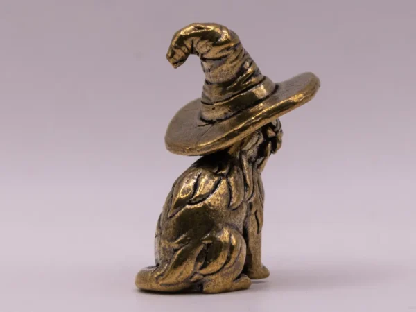 Chat en Laiton avec Chapeau : Figurine Décorative Dorée