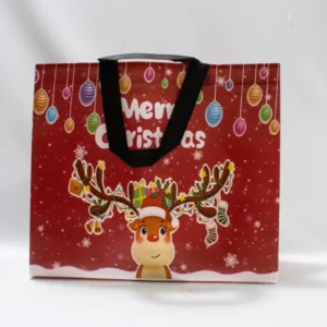 Élégant Sac de Noël Rouge Brillant Orné d'un Joli Motif Cerf