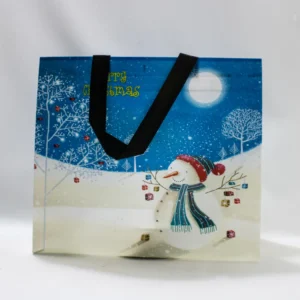 Grand Sac Cadeau de Noël Bleu avec Bonhomme de Neige Hivernal