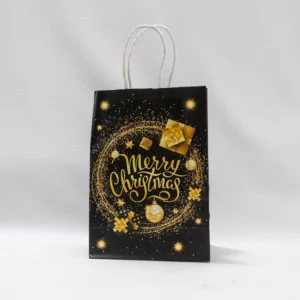 Petit sac cadeau de Noël noir et doré inscription Merry Christmas