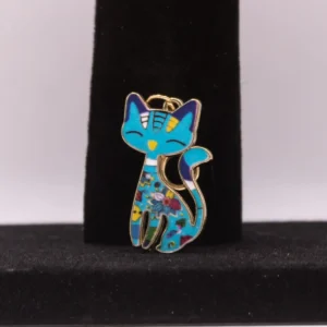 Porte-clés Chat Bleu à Motifs Floraux - Accessoire Sac ou Clés