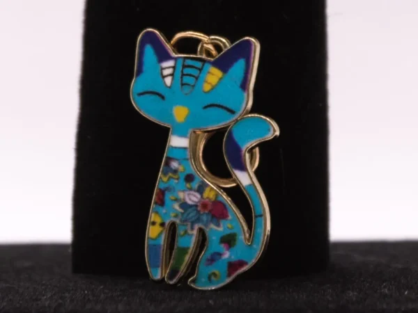 Porte-clés Chat Bleu à Motifs Floraux - Accessoire Sac ou Clés