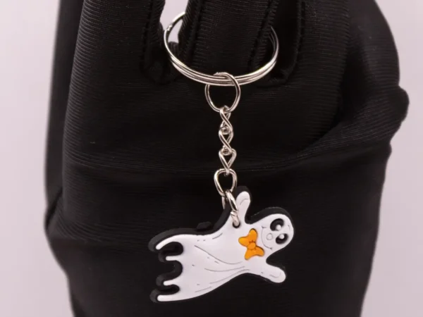 Porte-clés Fantôme Halloween - Joli Spectre Blanc avec Nœud Orange