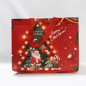 Sac cadeau de Noël décor sapin rouge, Père Noël et enfant