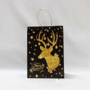 Sac cadeau de Noël noir et or motif tête de cerf 'Merry Christmas'
