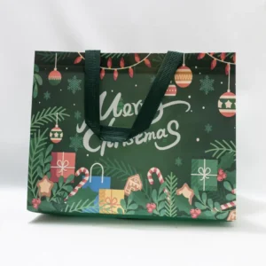 Sac cadeau de Noël vert avec décorations festives Merry Christmas