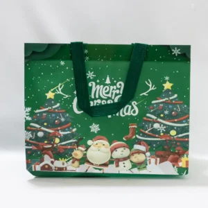 Sac cadeau de Noël vert avec personnages et sapins décoratifs