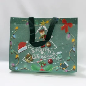 Sac cadeau de Noël vert avec sapin et inscription Merry Christmas